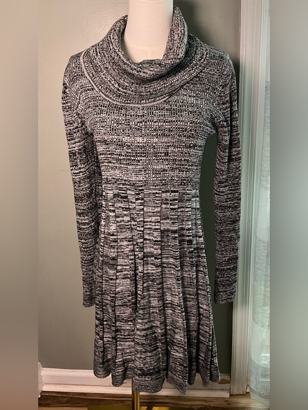 Calvin Klein Black and White Marled Cowl-Neck Long Sleeve Dress